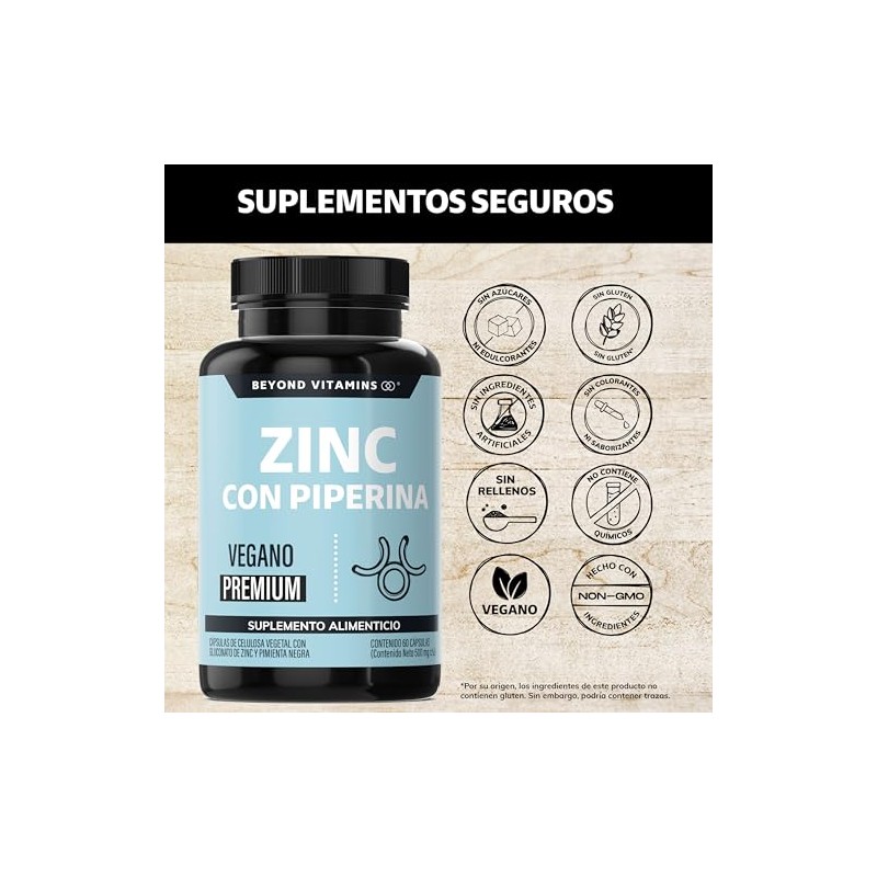 Beyond Vitamins Zinc 20mg Gluconato Potenciado Piperina Estandarizada Apto Dietas
