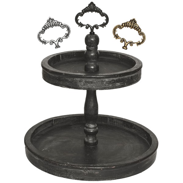 Two Tiered Tray Stand - [Large 15"] Black Decorative Tray [with Changeable Handles] - Rustic 2 Tier Wooden Tray, Farmhouse Tiered Tray for Coffee Table Tray, Cupcake Tower by Felt Creative Home Goods