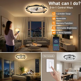 OUTON 24" Ceiling Fan with Light, Remote & App Control, Fandelier Low Profile Flush Mount Ceiling Fan with 3000K-6500K Stepless Dimmable, 6 Speed, Quiet DC Motor, Modern Ceiling Fans for Bedroom Black