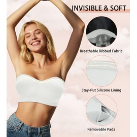 ZYQEXA Strapless Bras for Women - Wireless Comfortable Non-Slip Silicone Seamless Padded Bralette with Clear Straps Summer Breathable Bandeau Bra Tube Top Pack, XL