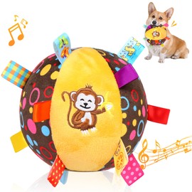 VerdeVilla Dog Squeak Ball Toys with Tags, Interactive Dog Toys, Soft Stuffed Puppy Toys with Built-in Bell, Dog Chew Toys to Keep Them Busy for Small Medium Large Dogs - 6 Inches, Brown