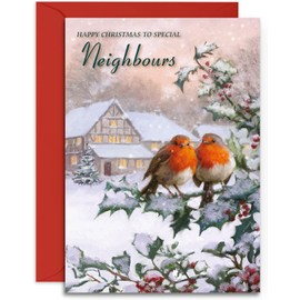 Neighbours Christmas Card - Two Robins - Medium Sized Card (A5 Size -148mm x 210mm) with Envelope