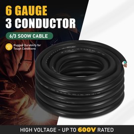 25ft 6/3 6 AWG Portable Power Cable (3 Conductor) - SOOW 600V 6 Gauge Electric Wire for Motor Leads, Generator, Portable Lights, Car Battery Chargers and Machinery - 25 Feet Electrical Cord