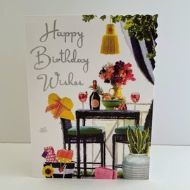 Jonny Javelin Female Happy Birthday Wishes Card Yellow Hat Flowers On Table