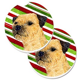 Caroline's Treasures LH9233CARC Border Terrier Candy Cane Holiday Christmas Set of 2 Cup Holder Car Coasters Absorbent Sandstone Coasters for Car Cup Holders Gifts for Men or Women, Large, Multicolor