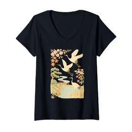 Womens Graceful Japanese Cranes with Blossoms and River Traditional V-Neck T-Shirt