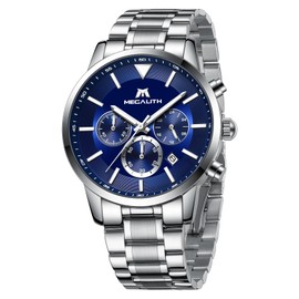 MEGALITH Chronograph Watches for Men Waterproof: Designer Mens Watches with Steel Analogue - Stylish Watches Mens Calendar Business Casual Silver