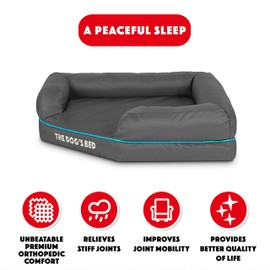 The Dog’s Bed Orthopedic Memory Foam Corner Dog Bed, Oxford Fabric, Grey with Blue Trim, Medium