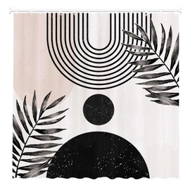 Funnytree 72x72 Inch Abstract Black Mid Century Boho Arch Sun Beige Modern Minimalistic Home Bathroom Bathtubs Decoration Plastic Waterproof Shower Curtain with 12 Hooks