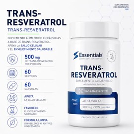 Essentials Trans-Resveratrol 99% 500 mg – 60 Cápsulas | Suplemento Antioxidante Alta Pureza | Suplemento Alimenticio para Hombre y Mujer