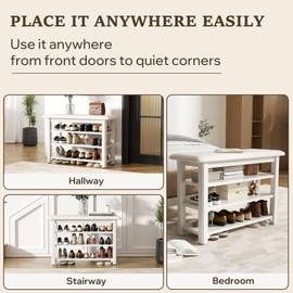 Shoe Rack Bench with Leather Cushion 3-Tier Shoe Rack Organizer for Entryway Hallway or Living Room Farmhouse Rustic Wooden Seat Bench Beige 11.8" Dx31.5 Wx20.4 H