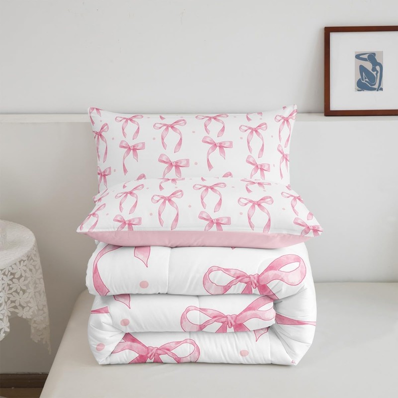 Erosebridal Cute Pink Bow Twin Bedding Set for Girls,Ribbon Bow