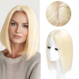viviaBella Human Hair Hand-tied Swiss Lace Base Toppers Natural Looking no Bangs,Clip in Real Human Hair Toupee for Women with Thinning Hair Big Coverage 12 Inch Hairpieces (Light Blonde 60#)