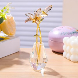Crystal Gold Lily Flower Figurines Collectibles With Crystal Vase - Gifts for Women Friends, Flower With Metal Stem Paperweights Decoration for Home Wedding Party Decor