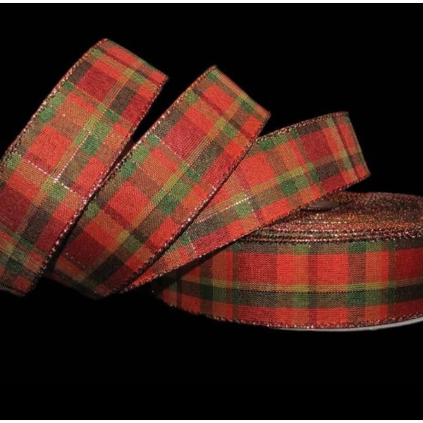 1 Pcs 1 1/2"W Lined Plaid Wired Ribbon Orange Green