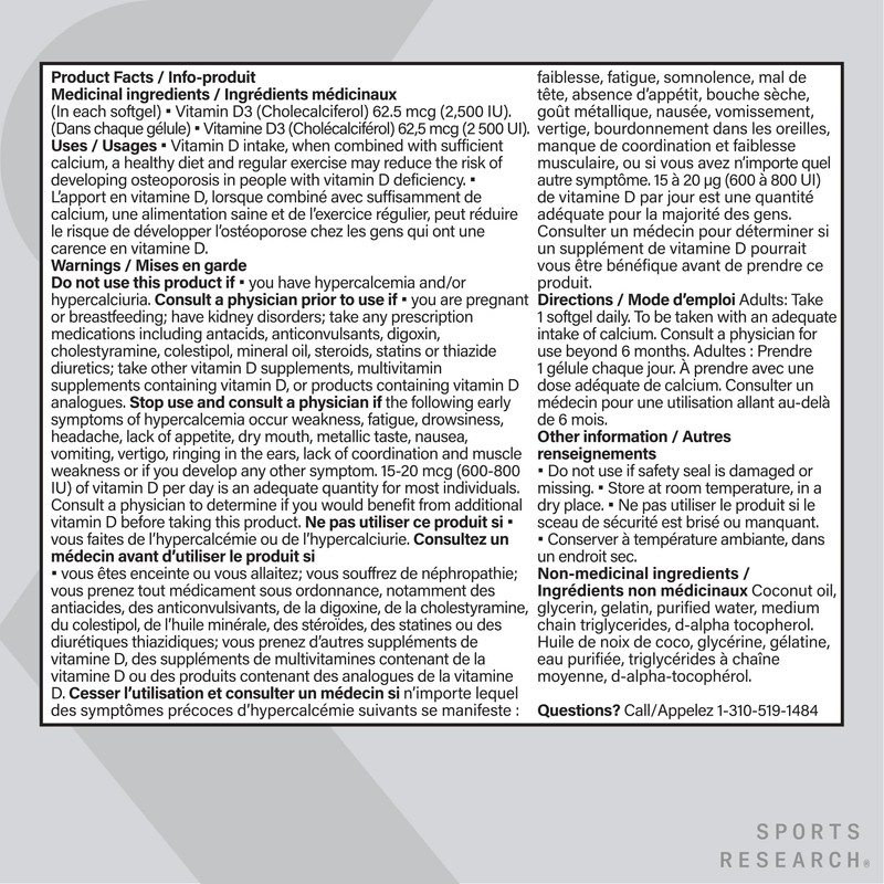 Sports Research Vitamin D3 2500iu (25mcg) with Coconut Oil -