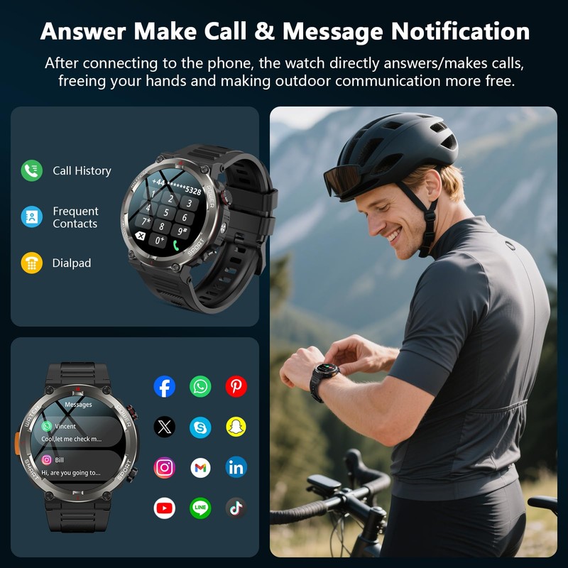Military Tactical Smart Watches for Men with Compass/Flashlight