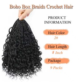 9 Packs 8 Inch Pre Looped Boho Box Braids Crochet Hair With Curly Ends