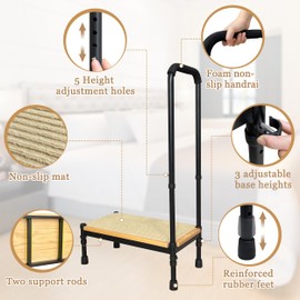 Step Stool with Handle for Elderly Adults, Medical Bedside Stepping Stool for High Beds, SUV Rv Car Safety Steps, Bedroom Bathtub Foot Stool Stairs Platform Adjustable Handrail Heavy Duty 400lb