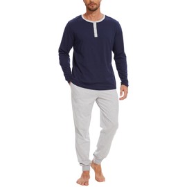 Navisting Men's Long Sleeve Pajama Set with Henley Neckline 100% Cotton Soft and Comfortable Nightwear 2-Piece Lounge Set L Navy Blue and Grey