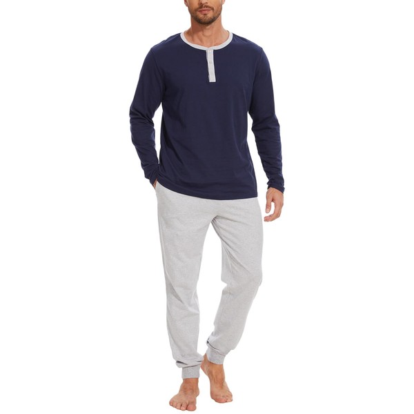 Navisting Men's Long Sleeve Pajama Set with Henley Neckline 100%