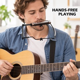 Adjustable 10-Hole Harmonica Neck Holder, Metal Hands-Free Harp Rack for Guitar Players