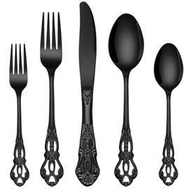 EUIRIO 30 Pieces Royal Silverware Set for 6, Retro Gorgeous Black Flatware Set, Premium Stainless Steel Vintage Cutlery Set with Forks Spoons and Knives, Dishwasher Safe