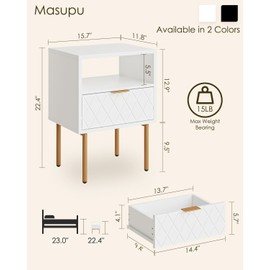 Masupu Nightstand,Small Bedside Table with Drawer,White Night Stand, Bedside Furniture, End Table with Gold Frame,Drawer Dresser for Bedroom,Living Room,Diamond