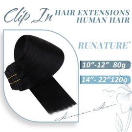 RUNATURE Real Hair Extensions, Clip-In Black Hair Extensions, Real Hair Clip-in Straight Hair Extensions, Black 120 g, 35 cm, #1B