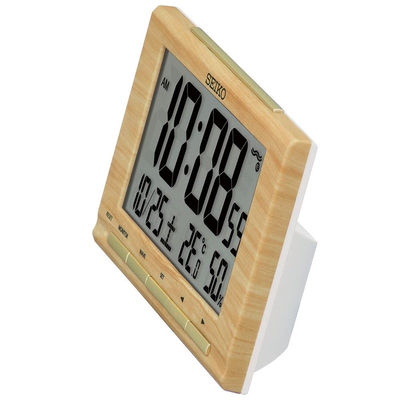 Seiko SQ799B Alarm Clock, Radio-controlled Digital Calendar, Light Brown Woodgrain,