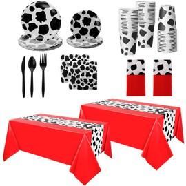 Oudain 162 Pcs Cow Dinnerware Set Cow Tablecloth Cow Plates and Napkins Cow Party Decorations Cow Table Runner Plastic Black White Party Supplies(Black, White, Red)