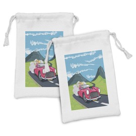 Ambesonne Cars Fabric Pouch Set of 2, Modern Character Driving Sports Auto Country in Cartoon Style Travel Road Trip Print, Small Drawstring Bag for Toiletries Masks and Favors, 9" x 6", Multicolor
