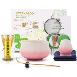 TEANAGOO 7 Pcs Matcha Whisk Set, Pink Matcha Set, Ceremony Matcha Powder Kit,Matcha Tea Set for Making Latte,Matcha Whisk Set and Bowl with Scoop&Sifter,Fuji Design Ceramic Bowl,Gift for Matcha Lovers