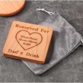 Drink Coasters For Dad‘s Gifts- Reserved For Dads Drink,100% Natural Solid Wood Coaster With Velvet Pouch, Funny Gift Present from Children to Parents - Anniversary, Christmas, Dad Birthday (square)