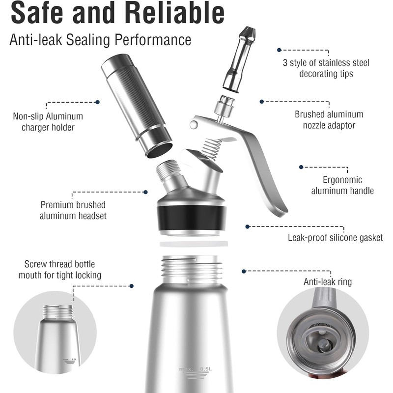 SimCoker Whipped Cream Dispenser,Aluminum 500ml Whipped Cream Maker,3 Decorating Nozzles,1