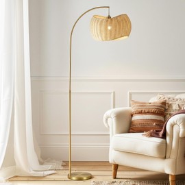 Brightech Wave Arc Floor Lamp - Chic Standing Lamp with Unique Hanging Wicker Pendant Shade for Living Room, Boho Rattan Natural Decor Lamp, Arcs Over Sofa, Bedroom & Office Desk for Reading - Brass