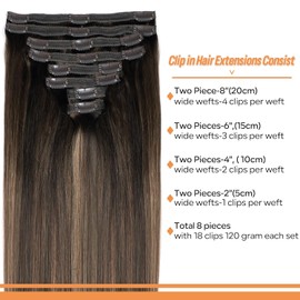 Pobokix #2/6/2 Clip In Hair Extensions Real Human Hair Straight 8Pcs Clip In Balayage Dark Brown to Chestnut Brown Human Hair Extensions with 18Clips Lace Weft 120g 18inch