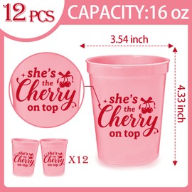 Hzbcxs 12Pcs She's the Cherry on Top Cups, Engagement Wedding Party Decor Sign, Bridal Shower Fruit Theme Decorations, 16oz Cups for Cherry Baby Shower Decorations Red & Pink