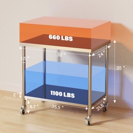 Stainless Steel Table, 36" x 24" Commercial Prep Work Table with Adjustable Undershelf and Locking Casters, 2 Tier Metal Table for Restaurant, Home, Kitchen, Garages and Outdoor
