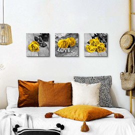 AIYISU Yellow Wall Art Bathroom Decor Yellow Roses Pictures for Living Room Yellow and Grey Rose Flower Wall Decor Rustic Floral Canvas Paintings Modern Artwork for Bedroom Home Decoration 12x12 3Pcs