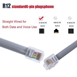 TOYAYAYO RJ12 Cable Phone Cord 15ft RJ12 6P6C Male to Male Straight Wired for Both Data and Voice Use - 15Feet-Silver-3 Pack