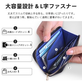 VISOUL Wallet Genuine Leather Bill Compartment, Card Coin Purse, 2-fold, Skimming Prevention, License Holder, Large Capacity, Popular, Made by Leading Leather Artisans with L-Shaped Zipper, NAVY