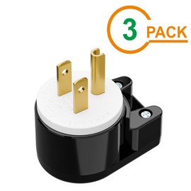 3PACK 90 Degree USA Canada Male Nema 5-15P 3 Pole Angle DIY Plug, 15A 125V USA 3Pin Right Angle AC Connector, Black