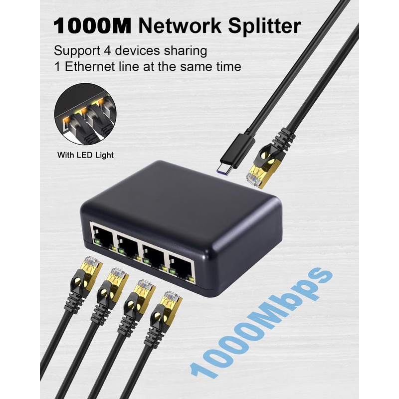 Danfetsoy 1000mbps Ethernet Splitter 1 to 4, RJ45 1 to