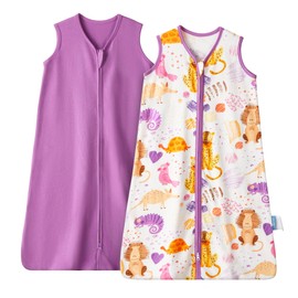 TILLYOU Saco de dormir de 18 a 24 meses, paquete de 2 sacos de dormir para bebé de 0,5 TOG con cierre de 2 vías, saco de dormir ligero de algodón, graffiti de animales y morado