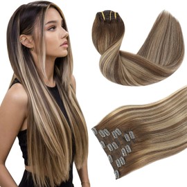 Youngsmile Clip in Hair Extensions for Women Real Remy Human Hair Balayage Brown Fading to Ash Brown Highlight with Medium Blonde 16 Inch 120g 7pcs Soft Natural Clip in Extensions(#4/27/4-16inch)