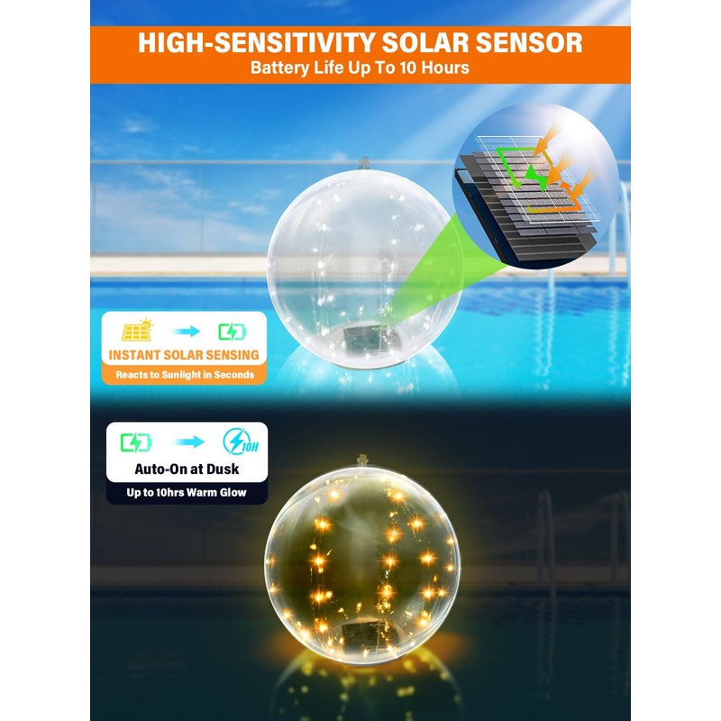 14 Inch Inflatable Solar Floating Pool Lights IP68 Waterproof Auto