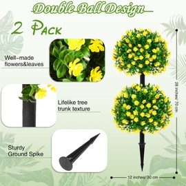 Daifunli 2 Pcs 28 in Artificial Boxwood Double Ball Fake Topiary Tree with Flowers Outdoor Plants, UV Resistance Faux Shrub Realistic Bush Greenery Potted for Indoor Garden Yard Porch Decor(Yellow)