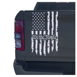 Aldera Graphics We The People Distressed American USA US Flag Truck Tailgate Vinyl Decal Preamble of the US Constitution Compatible with most Pickup Trucks - Rear Car Sticker (10" x 18", White)