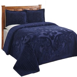 Better Trends Chenille Bedspreads King Size, Navy 100% Cotton Chenille Medallion Design Tufted Bedding Coverlet Soft Lightweight, 120"x110" with 2 King Sham 3 Pieces Set Ashton Collection